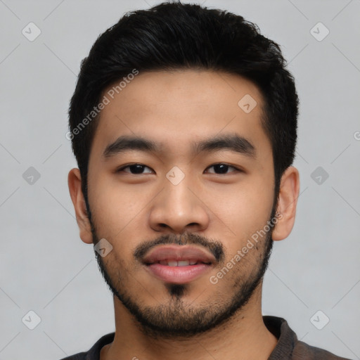 Neutral asian young-adult male with short  black hair and brown eyes