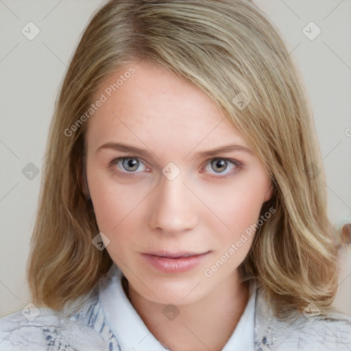 Neutral white young-adult female with medium  brown hair and blue eyes