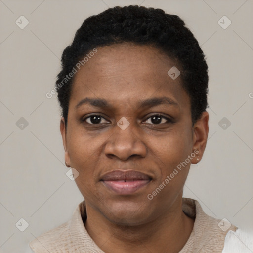 Joyful black adult female with short  black hair and brown eyes