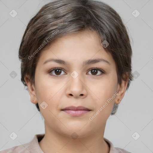 Neutral white young-adult female with short  brown hair and brown eyes