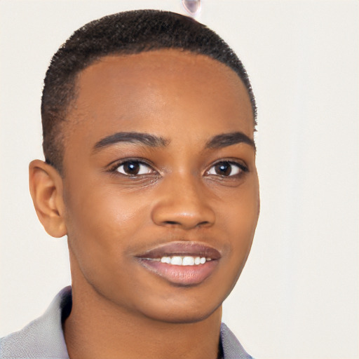 Joyful black young-adult male with short  brown hair and brown eyes