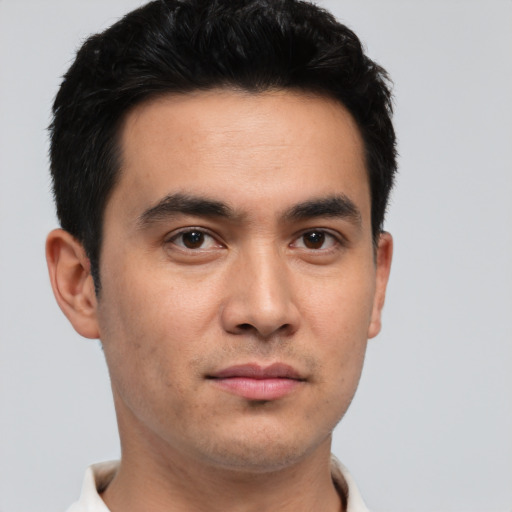 Neutral asian young-adult male with short  black hair and brown eyes