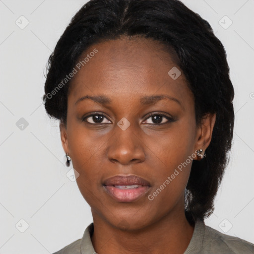 Neutral black young-adult female with medium  black hair and brown eyes