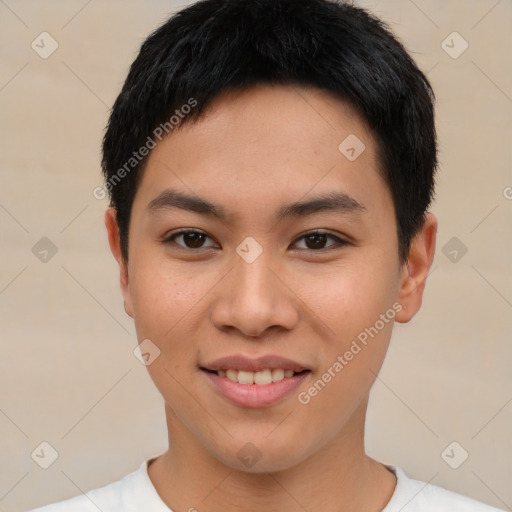 Joyful asian young-adult male with short  brown hair and brown eyes