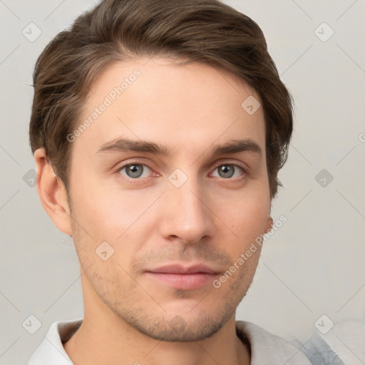 Neutral white young-adult male with short  brown hair and brown eyes