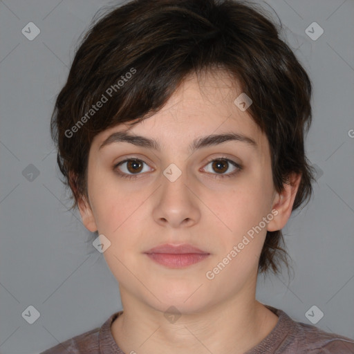 Neutral white young-adult female with medium  brown hair and brown eyes