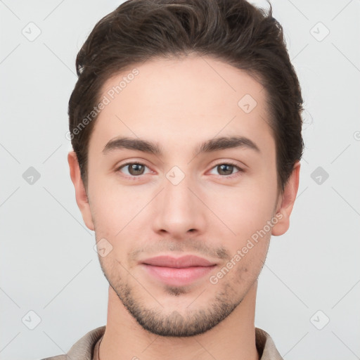 Neutral white young-adult male with short  brown hair and brown eyes