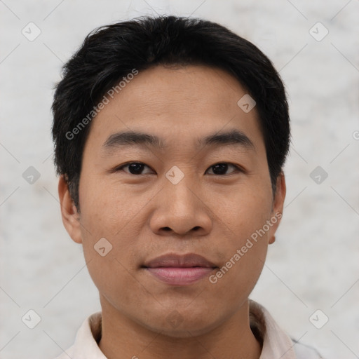 Joyful asian young-adult male with short  black hair and brown eyes