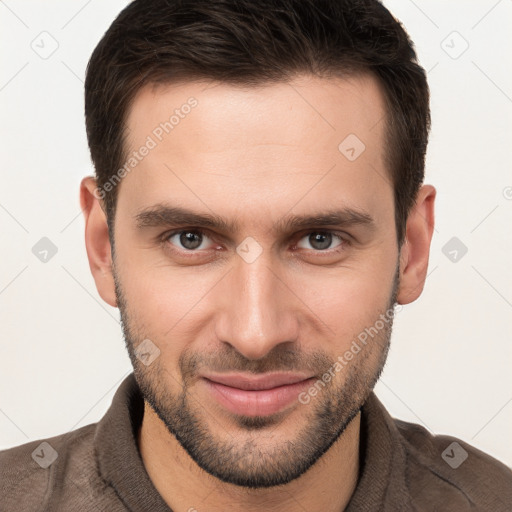 Joyful white young-adult male with short  brown hair and brown eyes