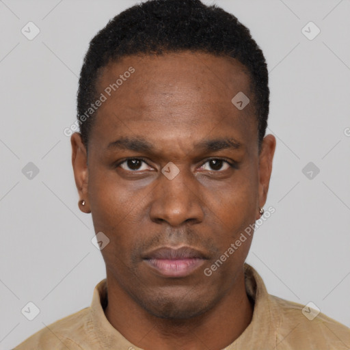 Neutral black young-adult male with short  black hair and brown eyes