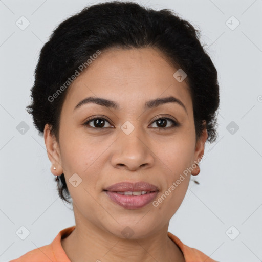 Joyful latino young-adult female with short  brown hair and brown eyes