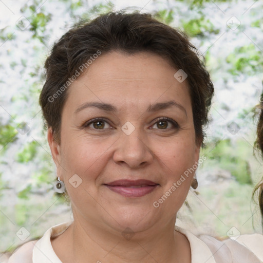 Joyful white adult female with short  brown hair and brown eyes