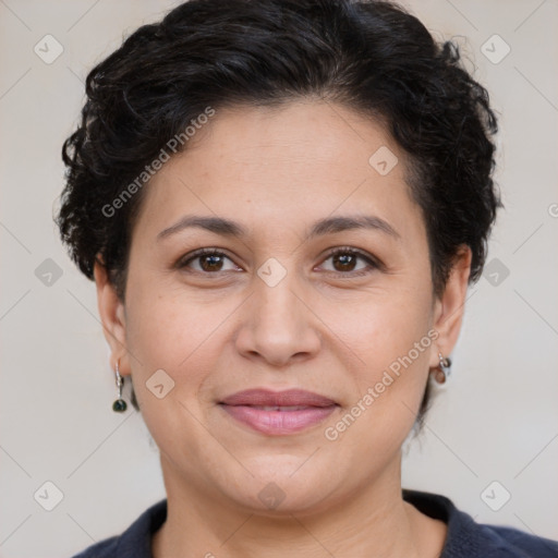 Joyful white adult female with short  brown hair and brown eyes