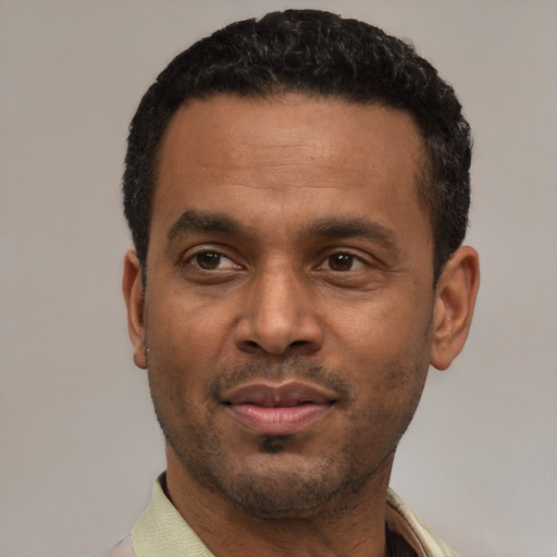 Neutral latino adult male with short  black hair and brown eyes