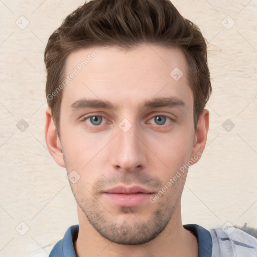 Neutral white young-adult male with short  brown hair and grey eyes