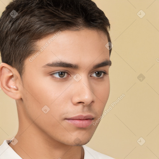 Neutral white young-adult male with short  brown hair and brown eyes