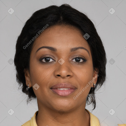 Joyful black young-adult female with medium  black hair and brown eyes