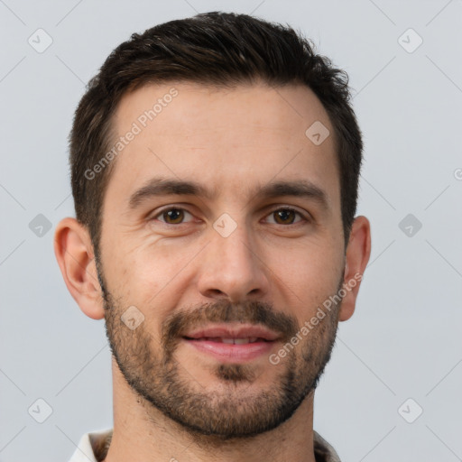 Joyful white young-adult male with short  brown hair and brown eyes