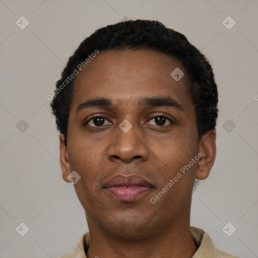 Neutral black young-adult male with short  black hair and brown eyes
