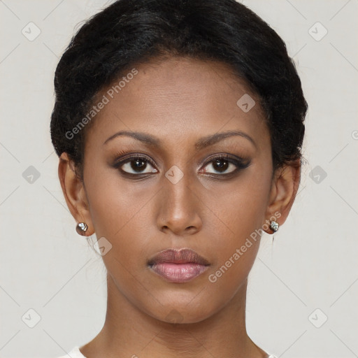 Neutral black young-adult female with short  brown hair and brown eyes