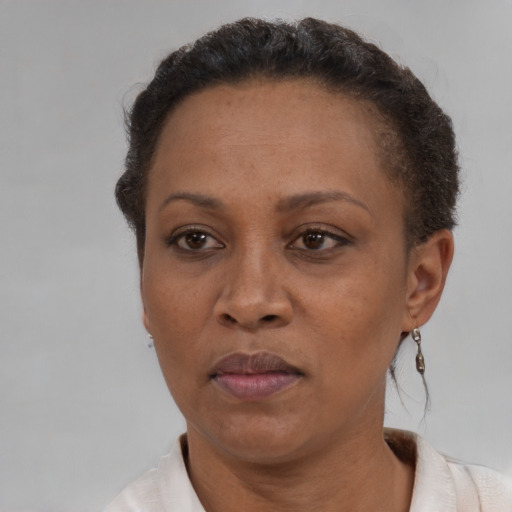 Neutral black adult female with short  brown hair and brown eyes