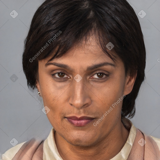 Joyful white adult female with medium  brown hair and brown eyes