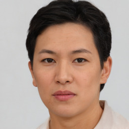 Neutral asian young-adult female with short  black hair and brown eyes