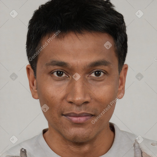 Neutral asian young-adult male with short  black hair and brown eyes