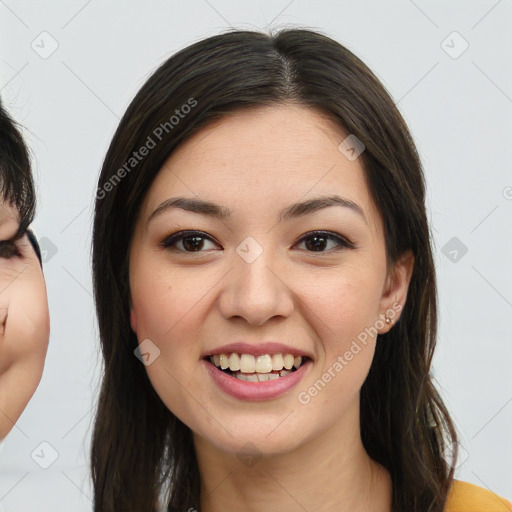 Joyful white young-adult female with long  brown hair and brown eyes