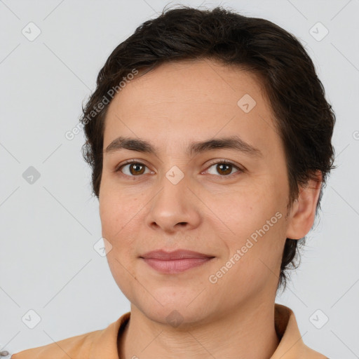 Joyful white young-adult female with short  brown hair and brown eyes