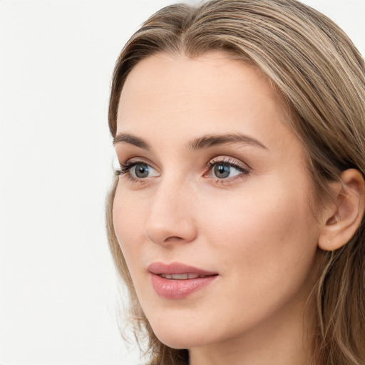 Neutral white young-adult female with long  brown hair and blue eyes