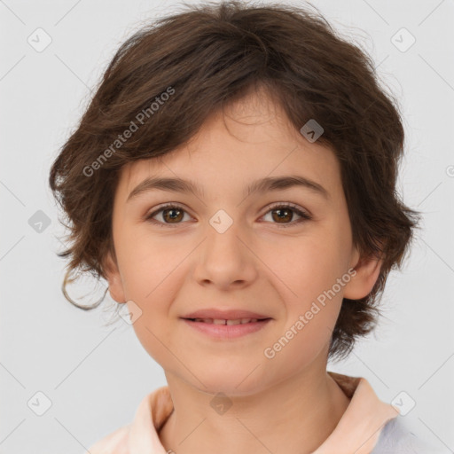 Joyful white child female with medium  brown hair and brown eyes