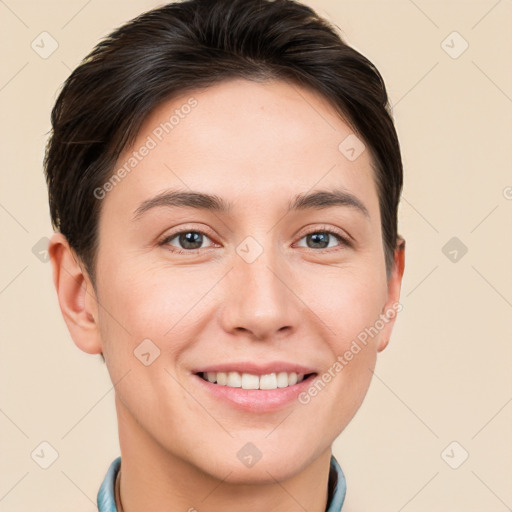 Joyful white young-adult female with short  brown hair and brown eyes