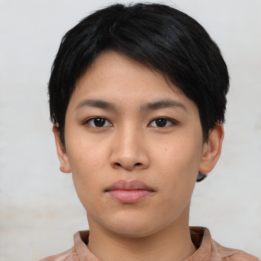 Neutral asian young-adult female with short  black hair and brown eyes
