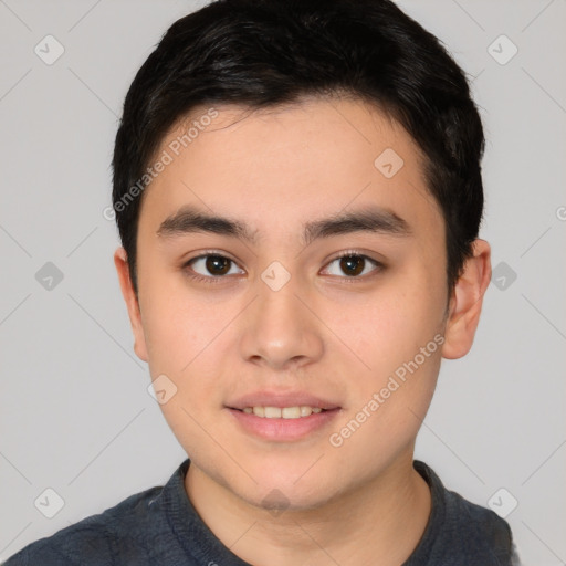 Joyful white young-adult male with short  black hair and brown eyes