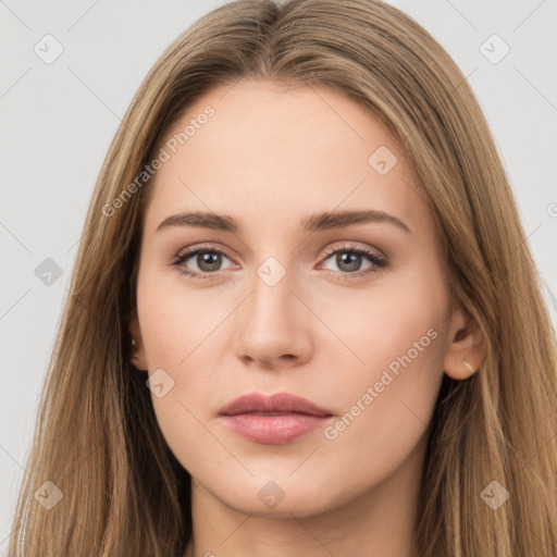 Neutral white young-adult female with long  brown hair and brown eyes