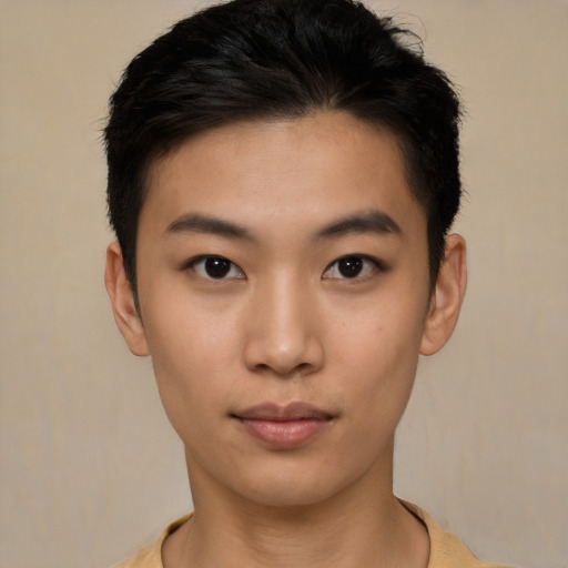 Neutral asian young-adult male with short  black hair and brown eyes