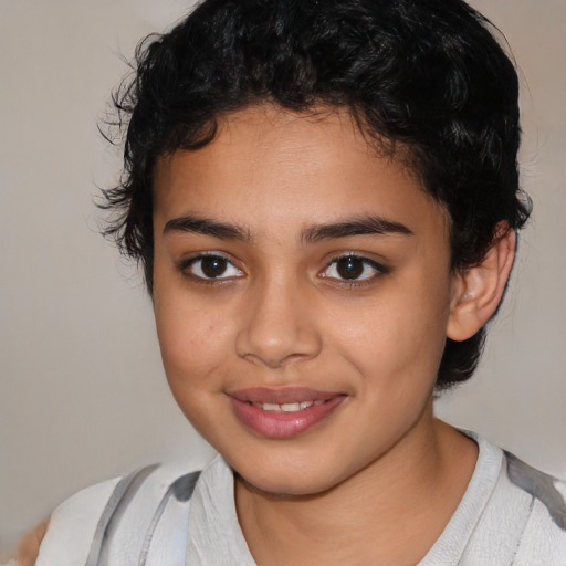 Joyful latino child female with medium  black hair and brown eyes