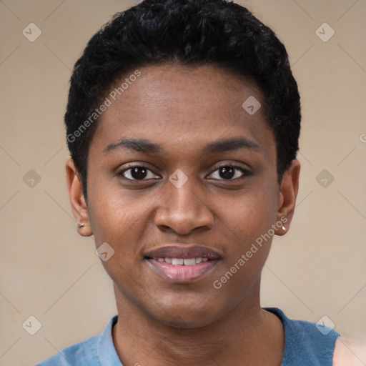 Joyful black young-adult female with short  black hair and brown eyes