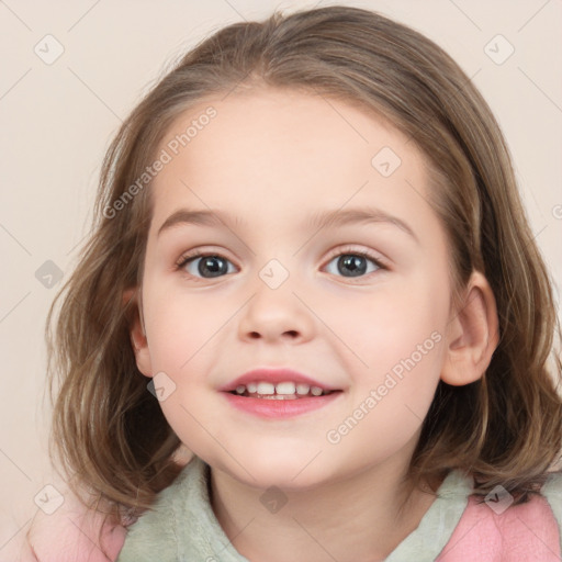 Joyful white child female with medium  brown hair and blue eyes