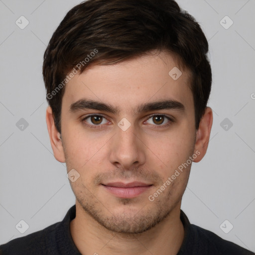 Neutral white young-adult male with short  brown hair and brown eyes