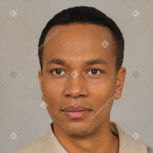Neutral black young-adult male with short  black hair and brown eyes