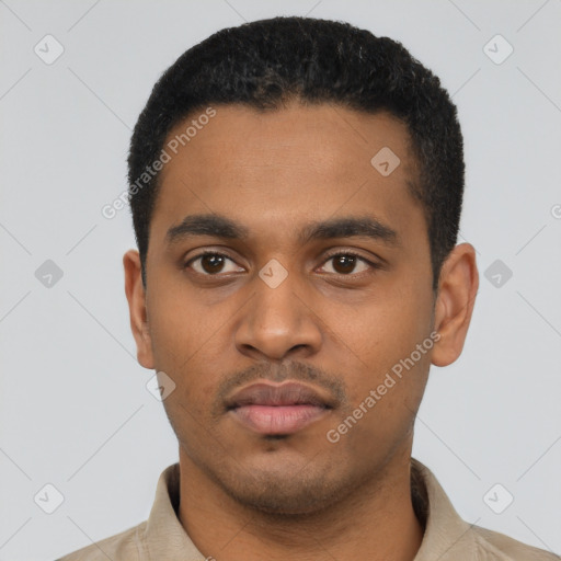 Neutral latino young-adult male with short  black hair and brown eyes