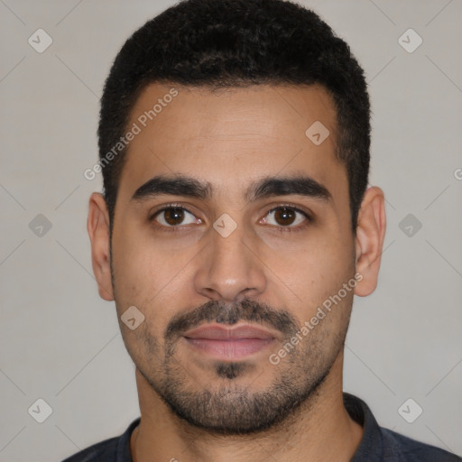 Neutral latino young-adult male with short  black hair and brown eyes