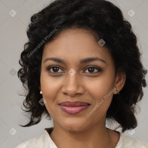 Joyful black young-adult female with medium  brown hair and brown eyes