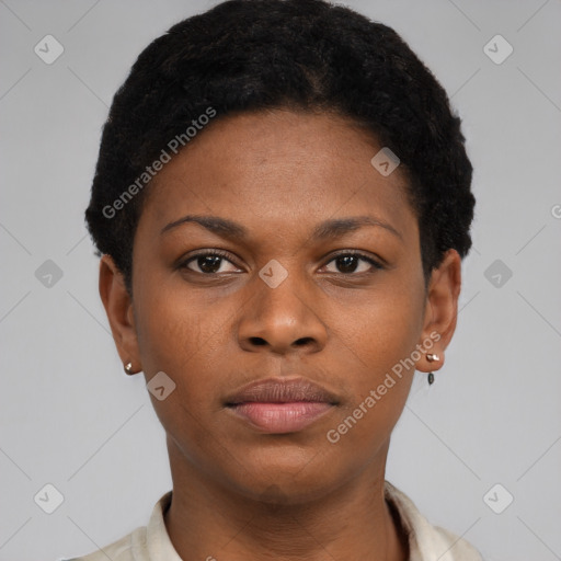 Neutral latino young-adult female with short  black hair and brown eyes