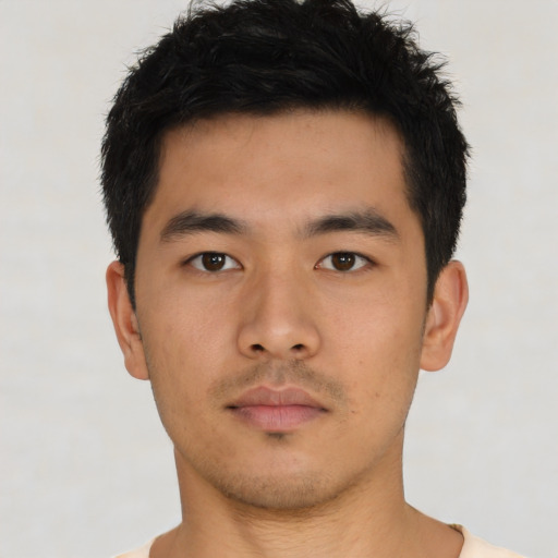 Neutral asian young-adult male with short  brown hair and brown eyes