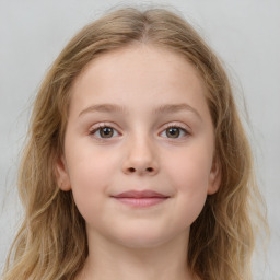 Joyful white child female with medium  brown hair and blue eyes