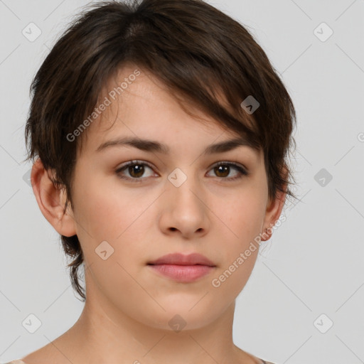 Neutral white young-adult female with medium  brown hair and brown eyes