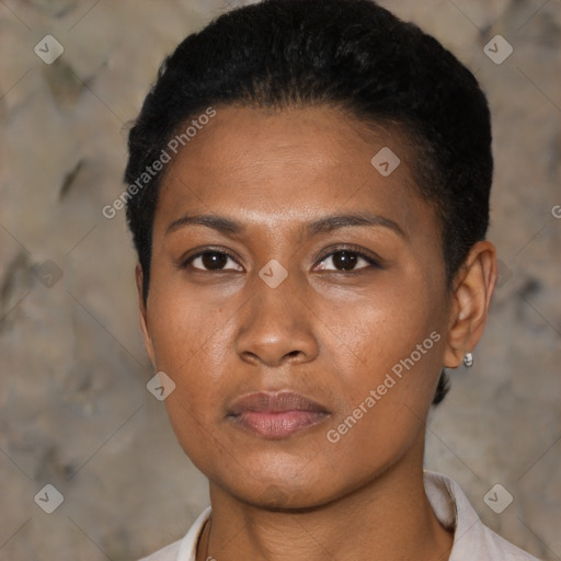 Neutral black young-adult female with short  black hair and brown eyes